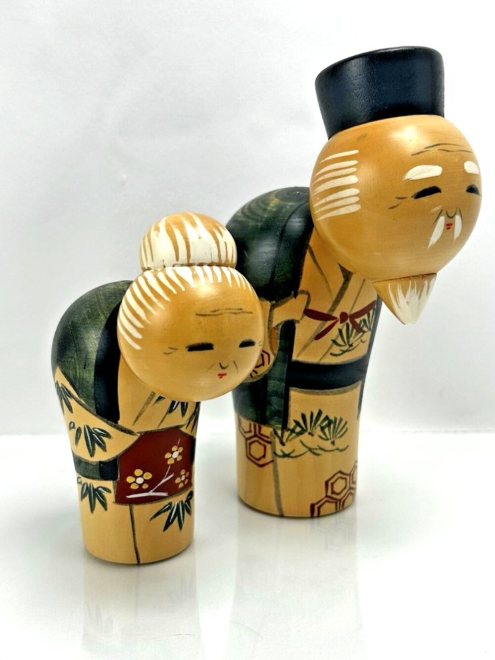 Vintage Kokeshi Dolls Elderly Couple Japanese Wood Handcrafted Fork Art Souvenir